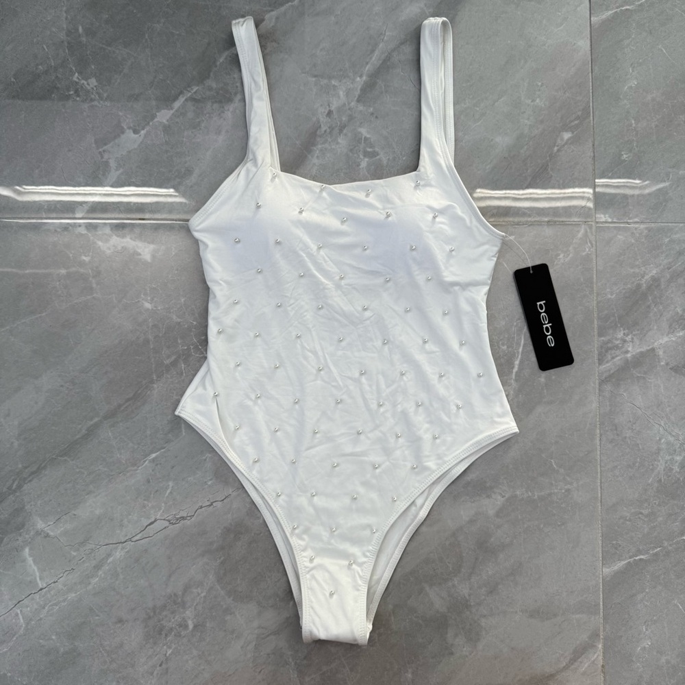 bebe White One-Piece Swimsuit with Pearl Embellishments